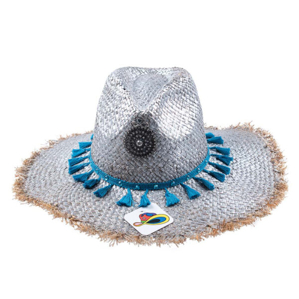 Chapeau en Raphia couleur argent avec du bleu