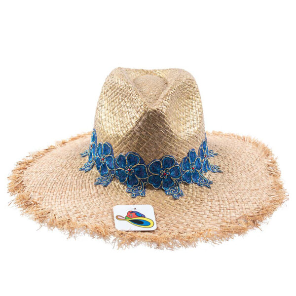 Sombrero de Rafia Flores Azul Claro