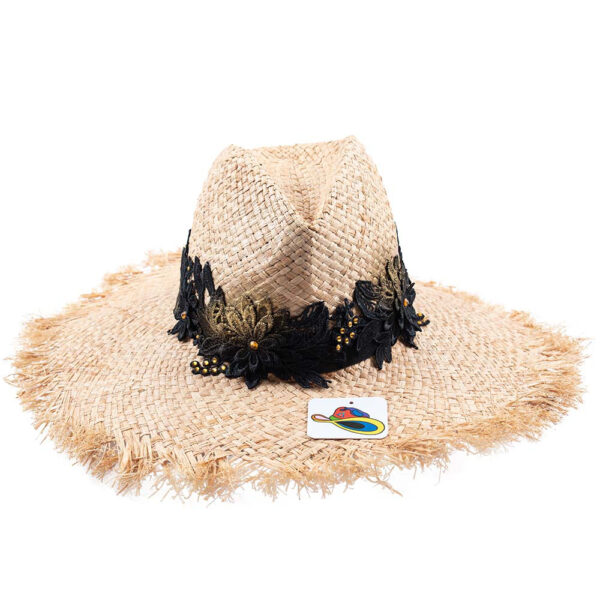 Sombrero de Rafia Flores Negras