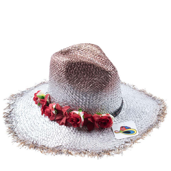 Sombrero de Rafia Cobre Flores Rojas