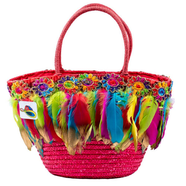 Beach Bag Made of Wicker with Feathers