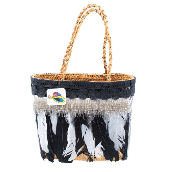Beach Bag Made of Straw with Swarovski Stones, Feathers and Eclairs