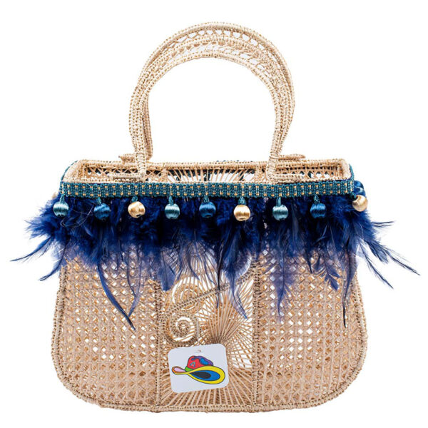 Sac de Plage Avec plumes bleues en paume d'Iraca.