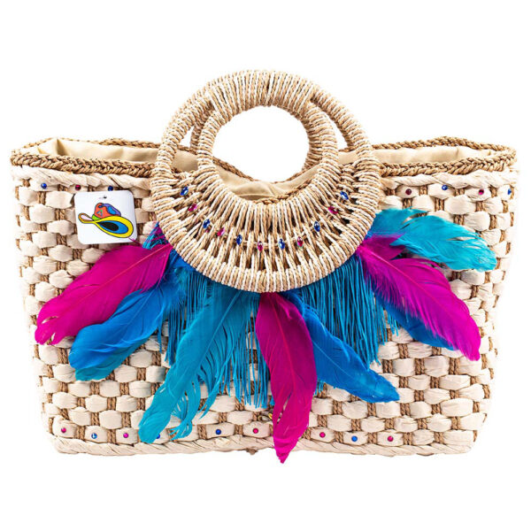 Beach Bag with Blue and Fuchsia Feathers
