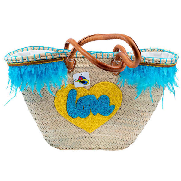 Beach Bag made of Natural Palm Blue Love with Feathers and leather