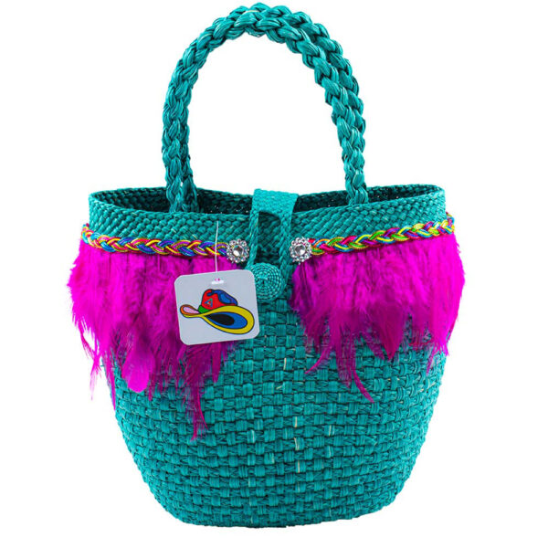 Sac de plage en palmier d'Iraca Bleu avec des plumes fuchsia