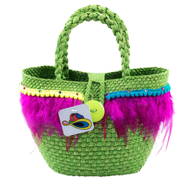 Beach Bag made of Iraca Palm Green with Fuchsia Feathers