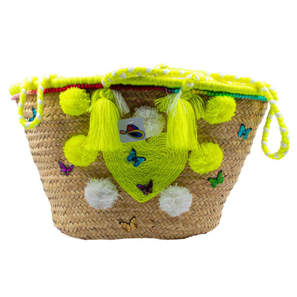 Beach Bag made of Natural Palm Pompom Heart with Butterflies